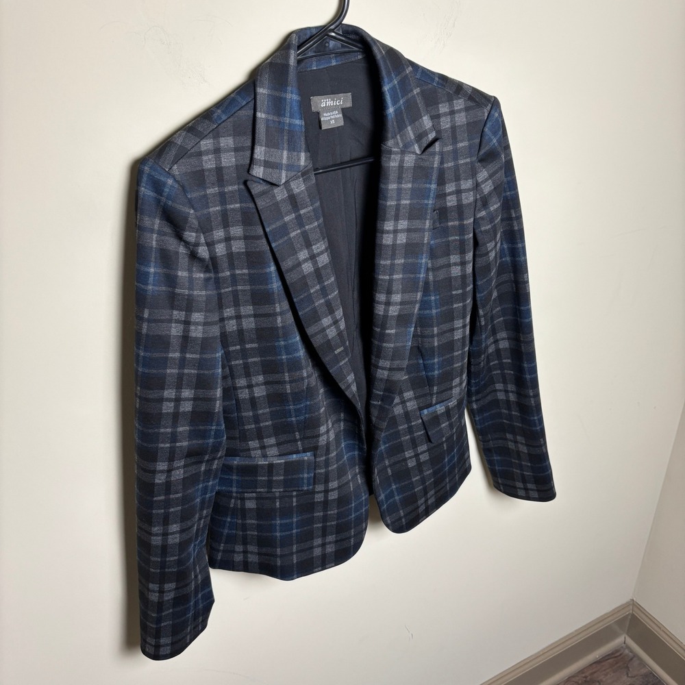 Pure Amici Navy Blue Plaid Single Breasted Notch Tailored Blazer Jacket Women XS - Picture 4 of 8